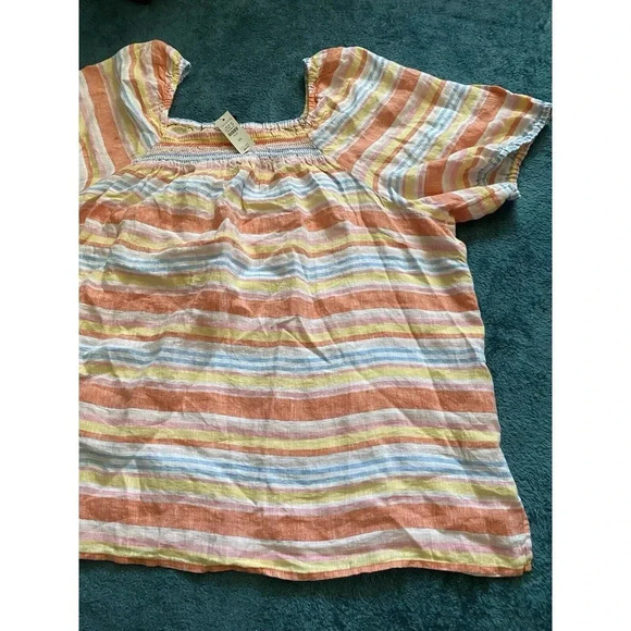 Talbots Women's 3X Plus Linen Short Puff Sleeves Striped Top Square Neck Smock - Picture 11 of 16